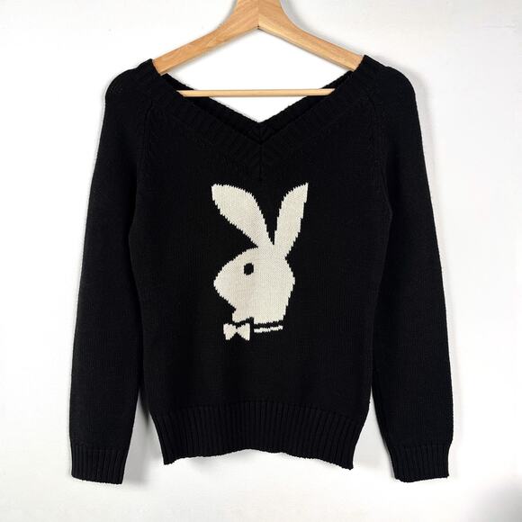 Y2K Playboy Bunny Knitted Black V Neck Knit Sweater Top Rare Vintage - Picture 1 of 16